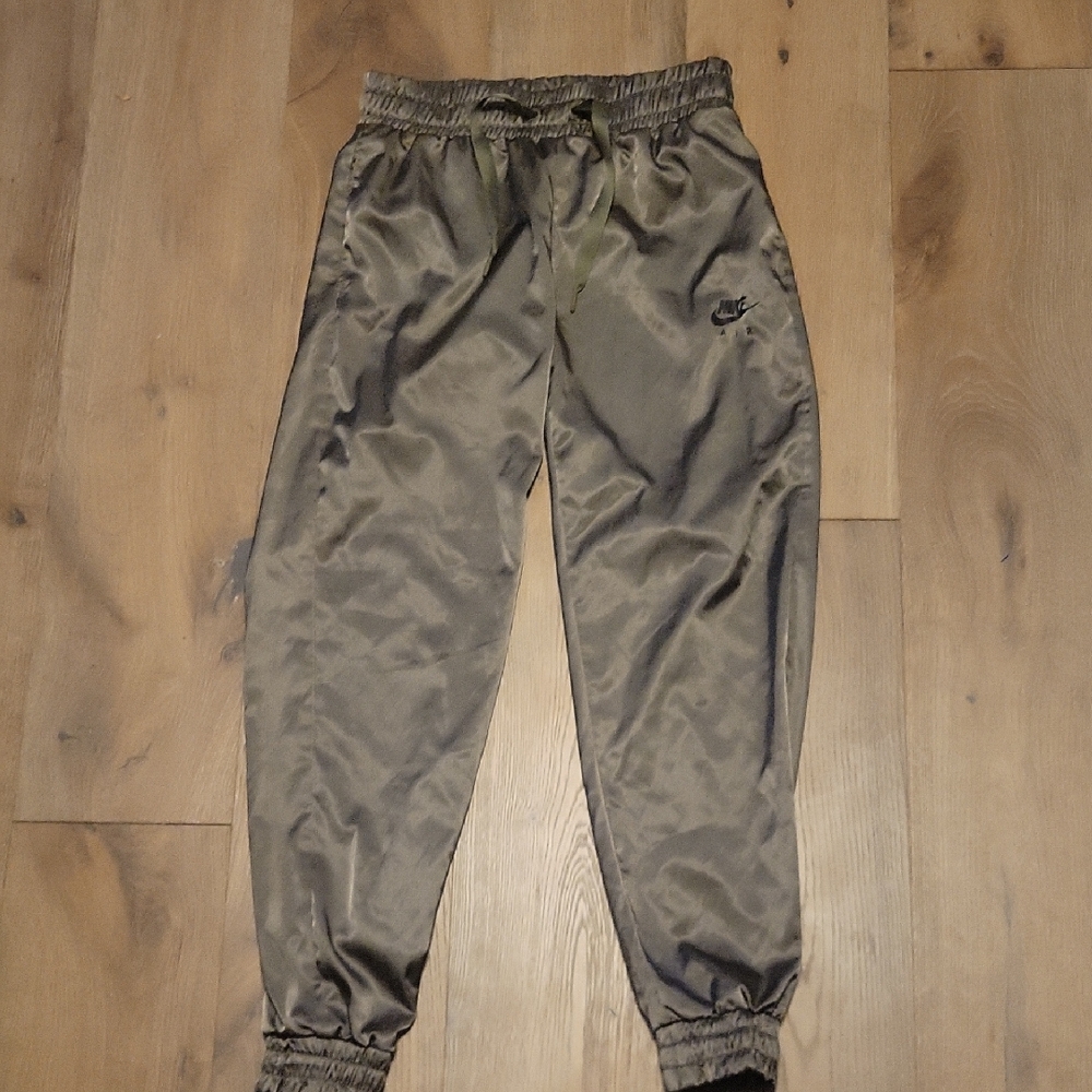 Nike Vintage Mens Olive Green Satin Athletic Track Jogger Pants Size Small